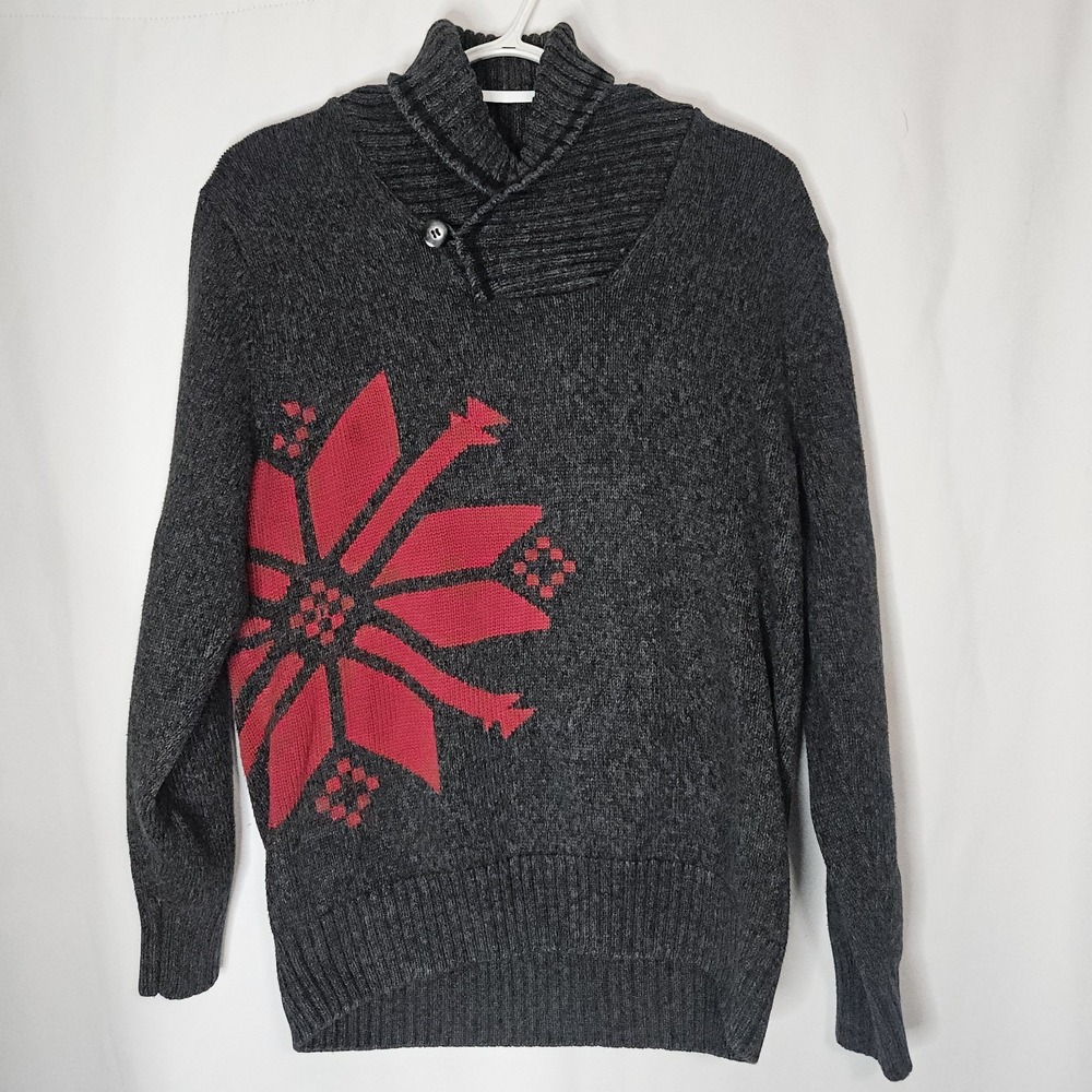 Cozy Nordic Shawl Collar‎ Snowflake Sweater Gray Red Winter Cottagecore S